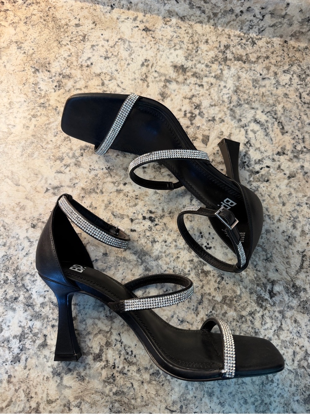 Nordstrom BP Black Rhinestone-Strap Flared Heel Sandals Strappy